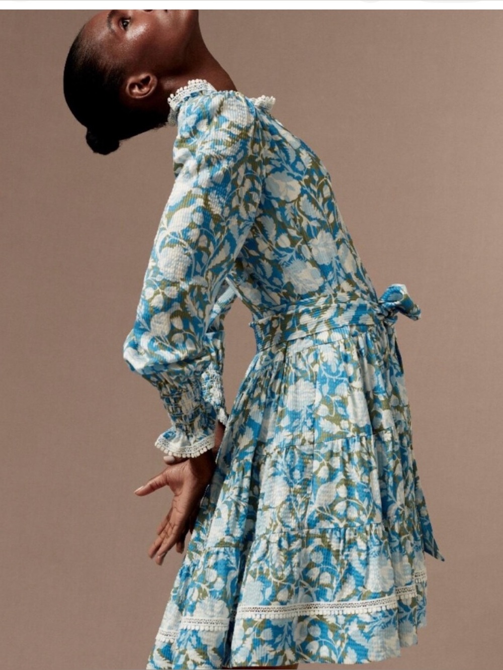 ME+EM Blue Silk-blend Shadow Bloom Print Swing Dress + Belt Sz 6